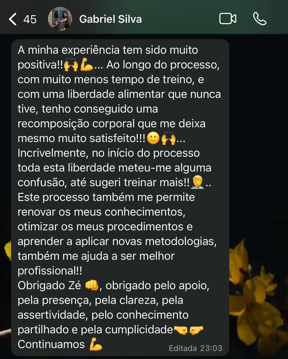 Mensagem do Gabriel Silva sobre a sua experiência