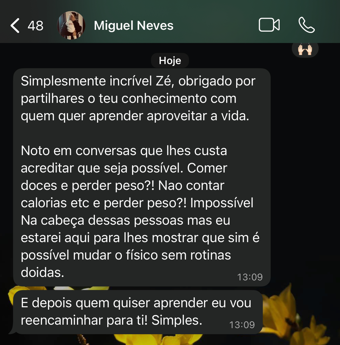 Mensagem do Miguel Neves sobre liberdade alimentar